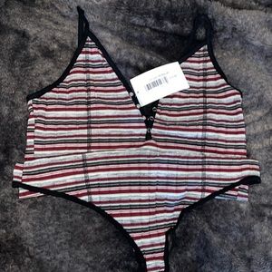 Stripes bodysuit with silver snaps and spaghetti straps, NEVER WORN